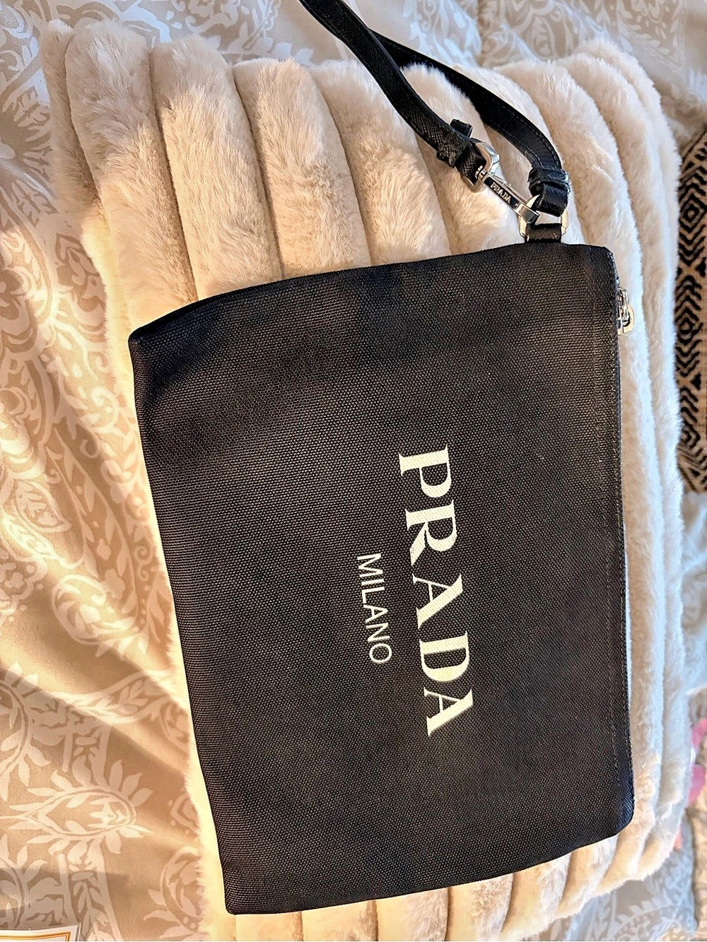 Prada Canvas Logo Wristlet Pouch Black & Blue Bag COA included
